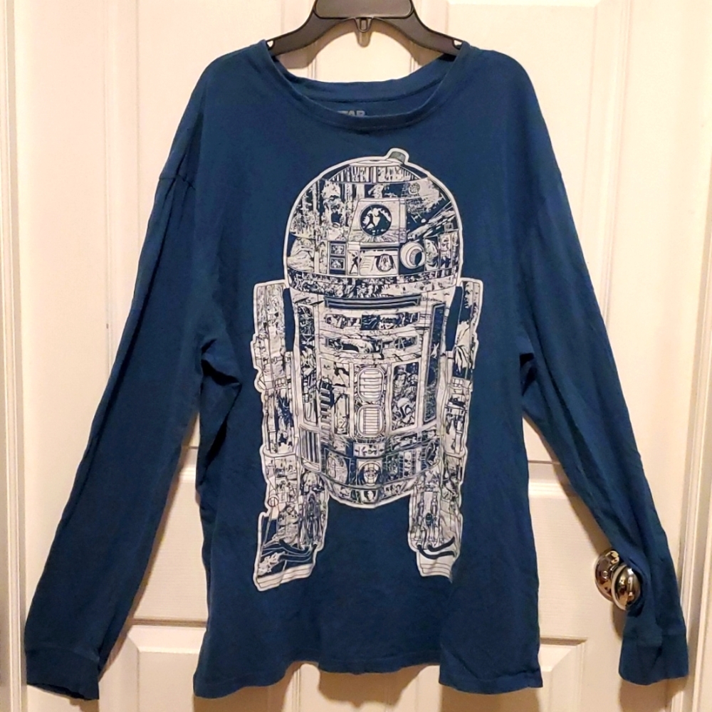 Star Wars R2D2 Blue Green Boys Long Sleeve Shirt - Size XL - Picture 1 of 5